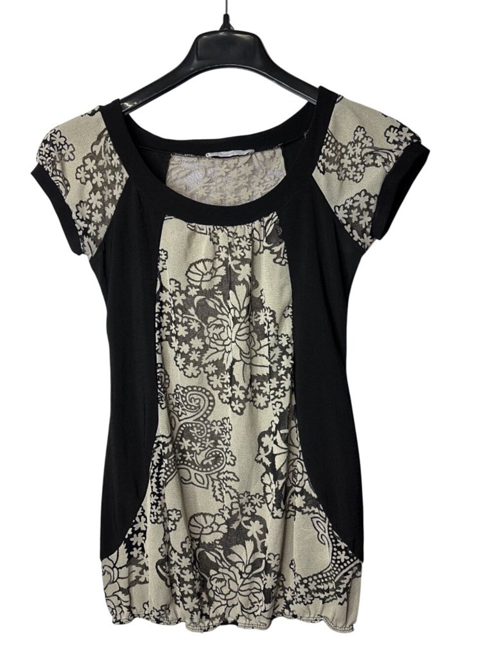 Charlotte Russe Sheer Floral Babydoll Top Size M Black Beige Cinched Hem Y2K